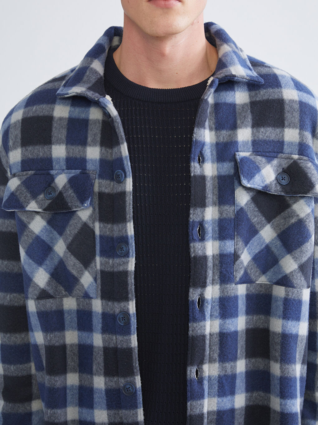 Lacivert Rahat Kalıp Uzun Kollu Ekose Erkek Gömlek Ceket-2