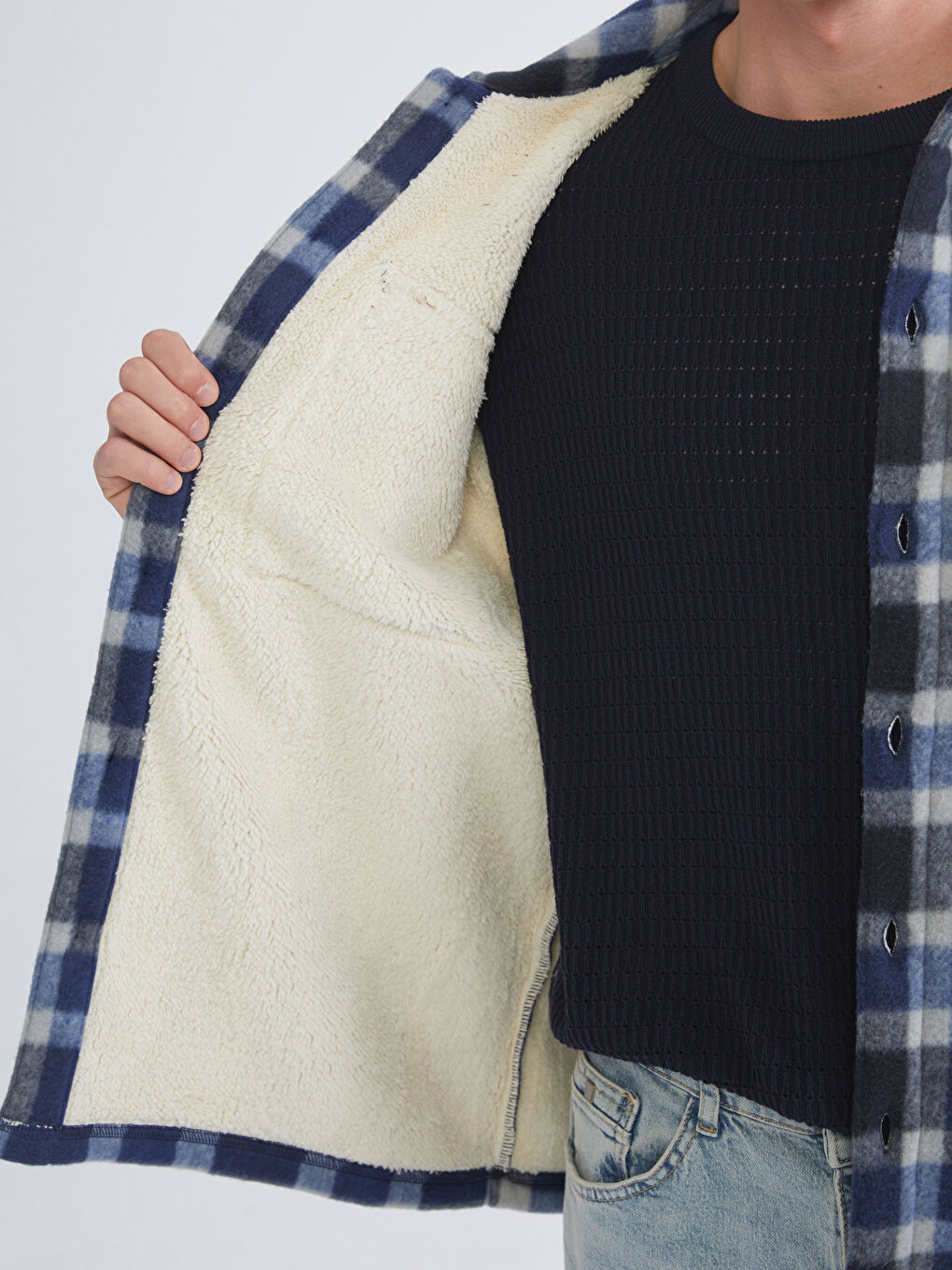 Lacivert Rahat Kalıp Uzun Kollu Ekose Erkek Gömlek Ceket-3