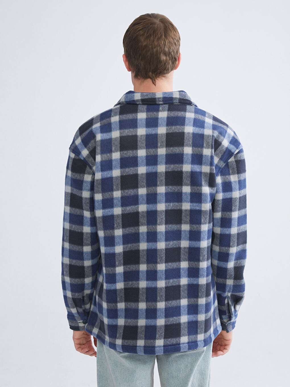 Lacivert Rahat Kalıp Uzun Kollu Ekose Erkek Gömlek Ceket-4