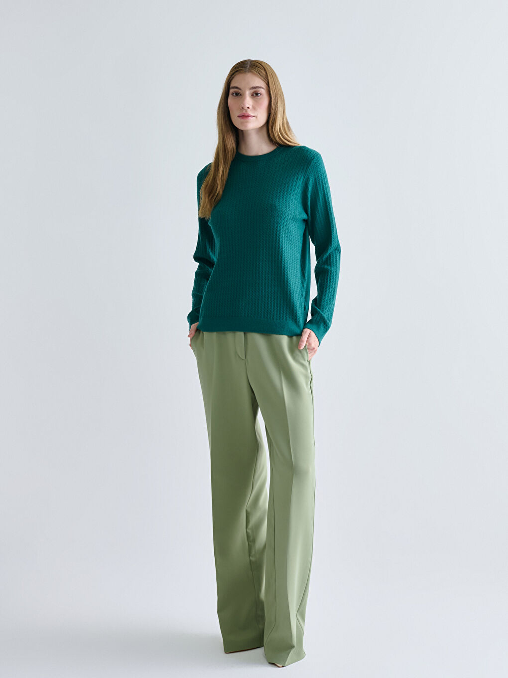 Crew Neck Self-Patterned Women's Knitwear Sweater-1