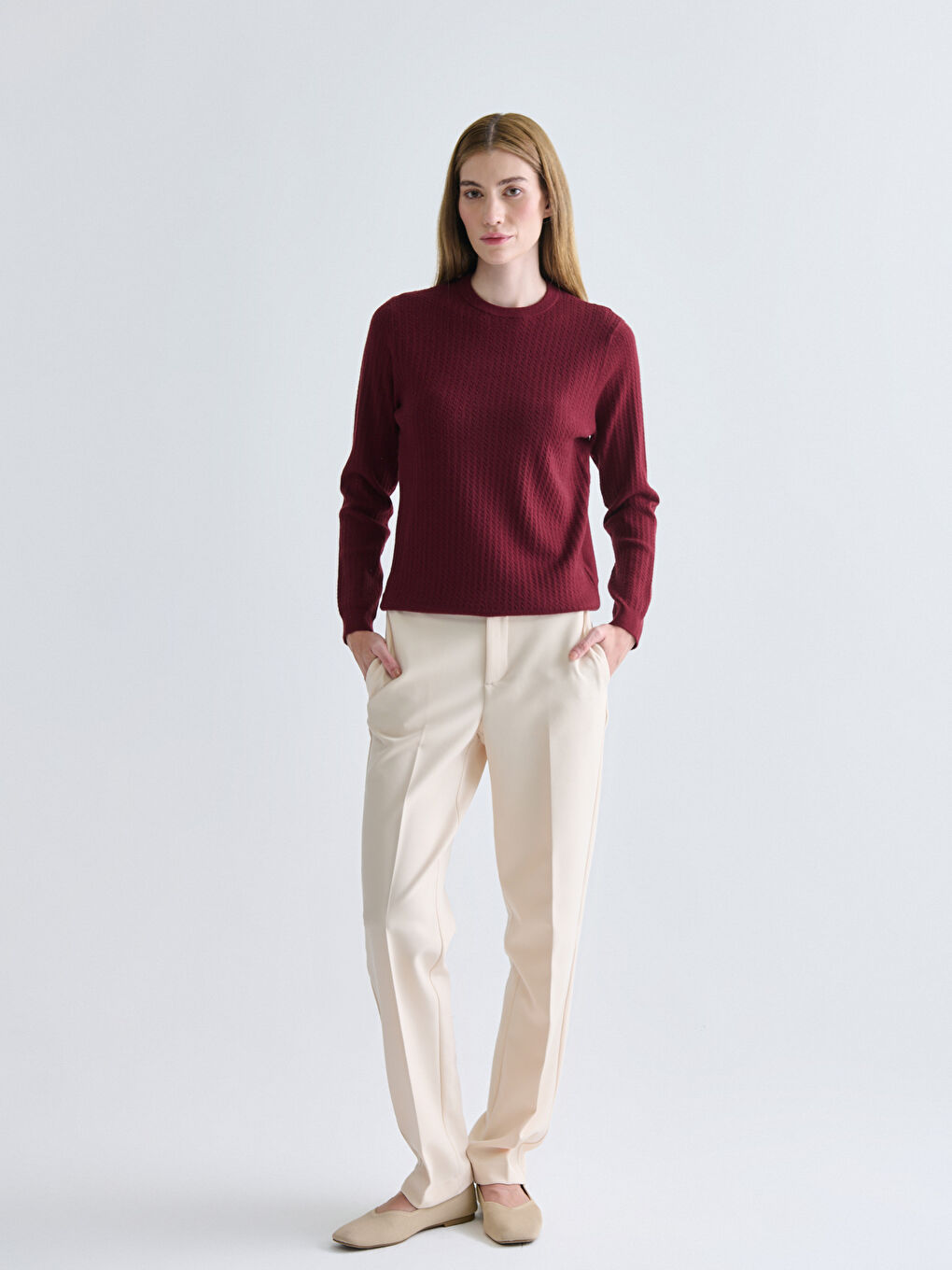 Crew Neck Self-Patterned Women's Knitwear Sweater-1