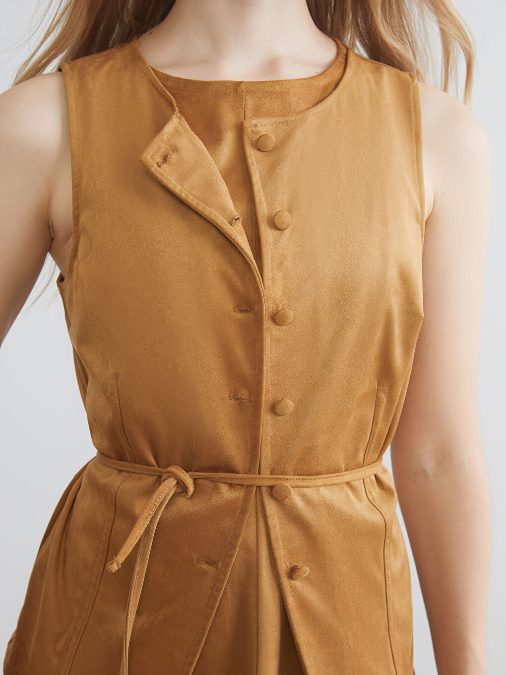 Kahverengi Bisiklet Yaka Kadın Süet Görünümlü Klasik Yelek-2