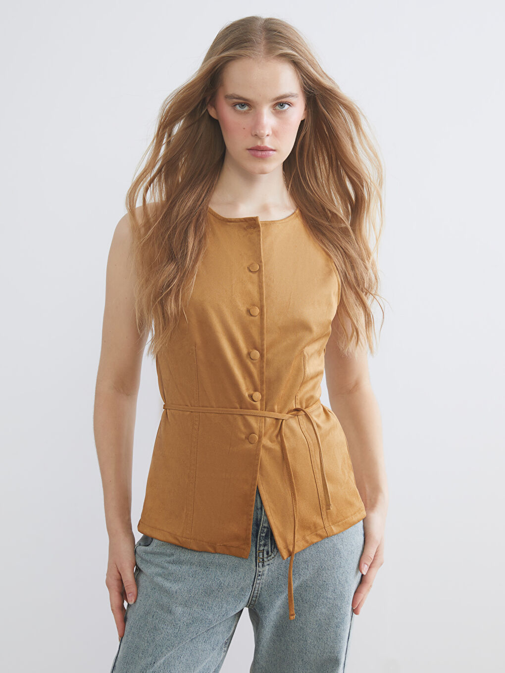 Kahverengi Bisiklet Yaka Kadın Süet Görünümlü Klasik Yelek-3