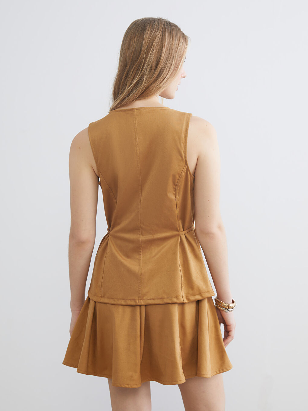 Kahverengi Bisiklet Yaka Kadın Süet Görünümlü Klasik Yelek-4