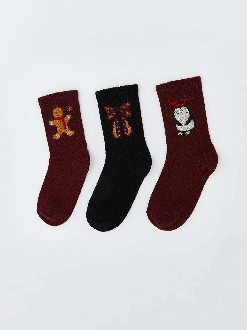 Bordo Desenli Kız Çocuk Soket Çorap 3'lü