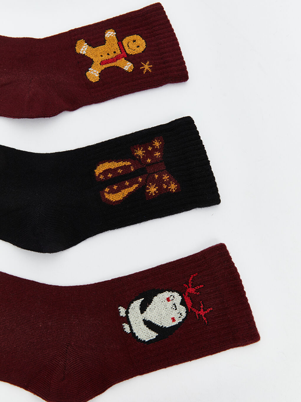 Bordo Desenli Kız Çocuk Soket Çorap 3'lü-1
