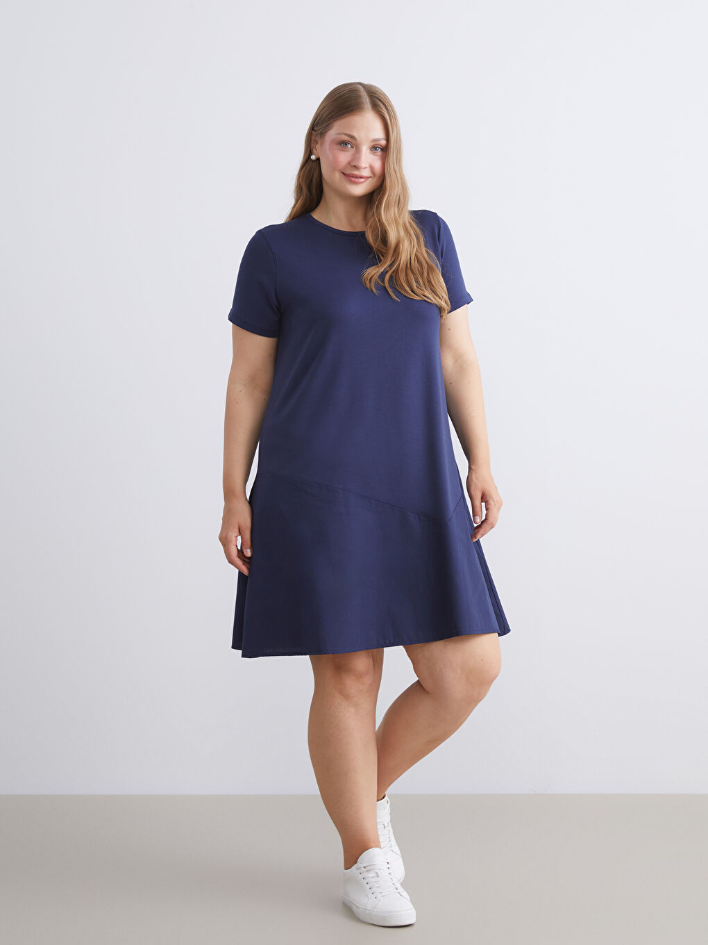 Lacivert Bisiklet Yaka A Kesim Elbise-1