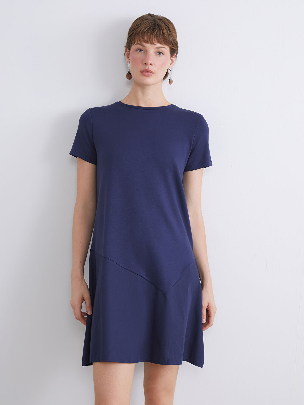 Lacivert Bisiklet Yaka A Kesim Elbise-2