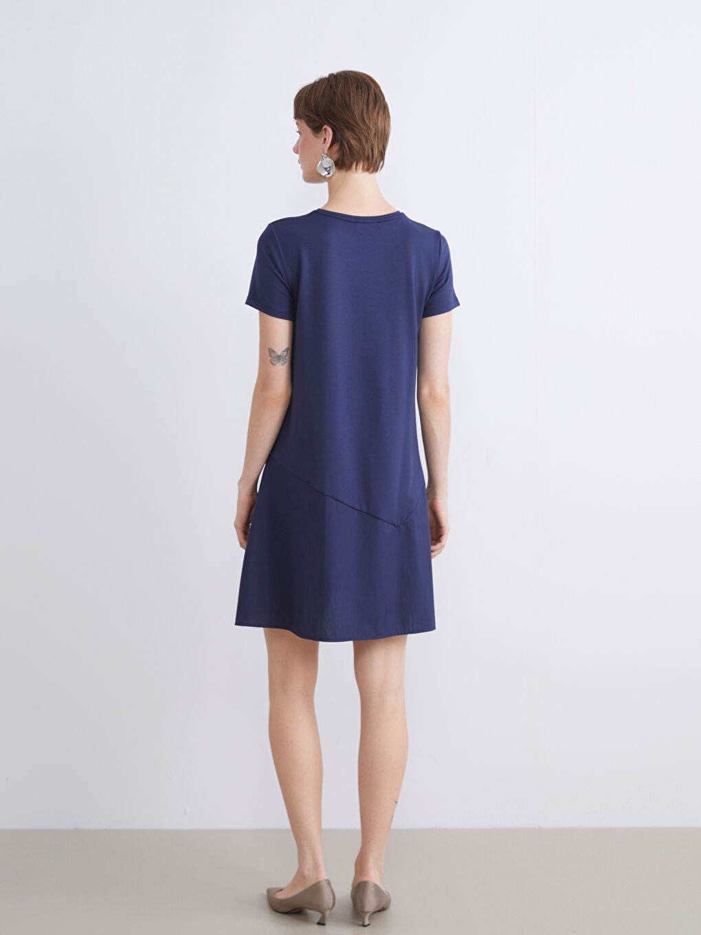 Lacivert Bisiklet Yaka A Kesim Elbise-4