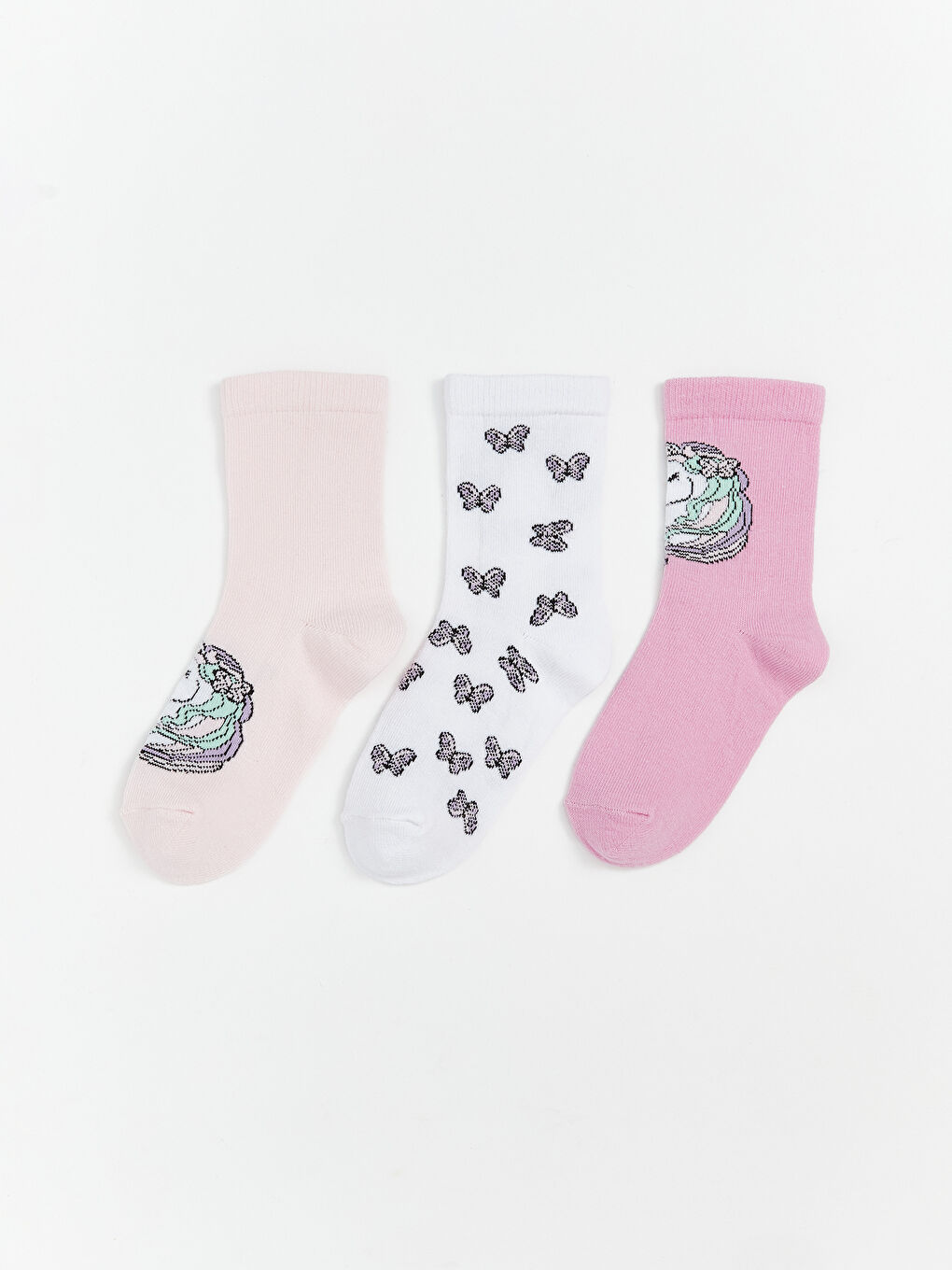 Pembe Desenli Kız Çocuk Soket Çorap 3'lü