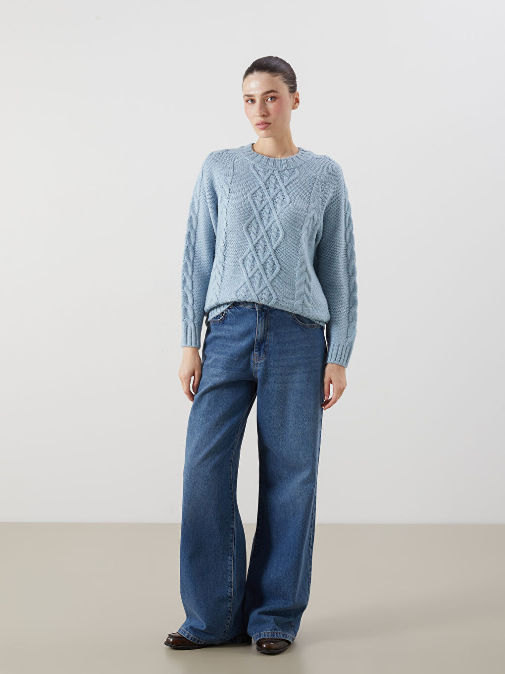 Mavi Kendinden Desenli Oversize Kadın Triko Kazak-1