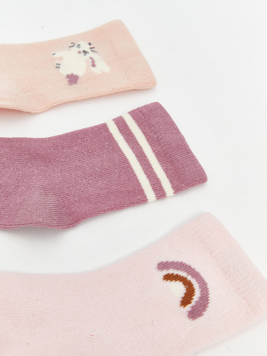 Pembe Desenli Kız Çocuk Soket Çorap 3'lü-1
