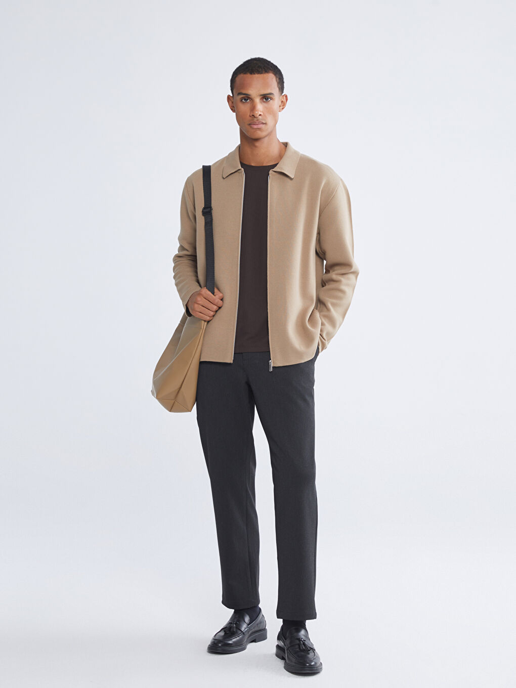 Bej Polo Yaka Erkek Triko Hırka-1