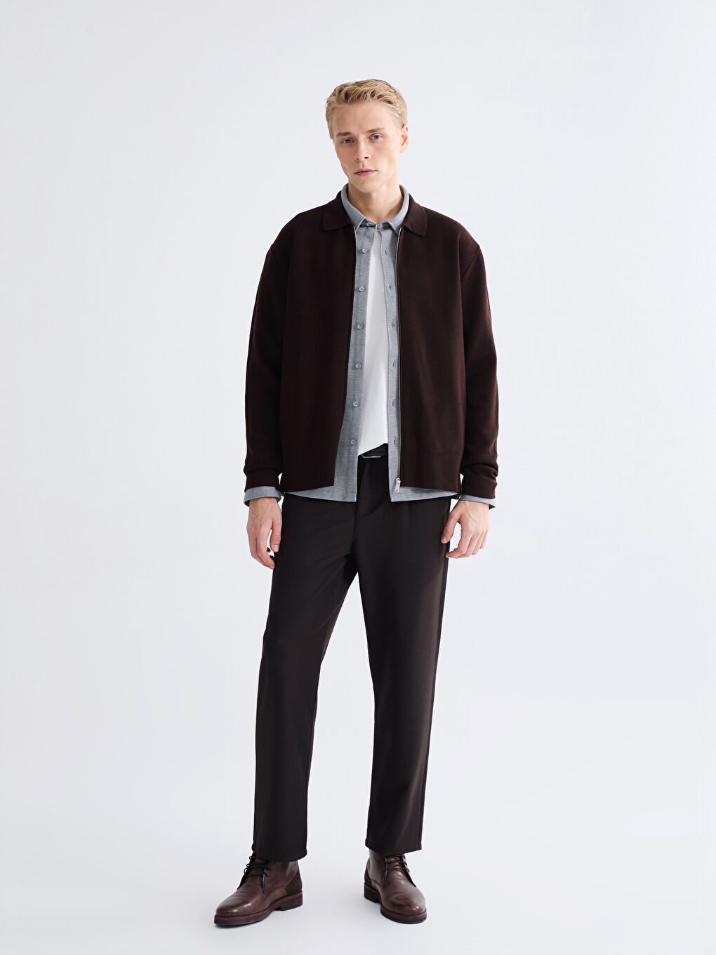 Kahverengi Polo Yaka Erkek Triko Hırka-1