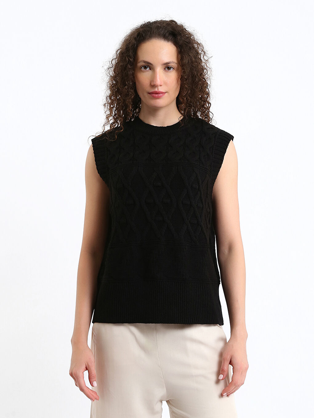 Crew Neck Self Patterned Women's Knitwear Sweater Vest-1