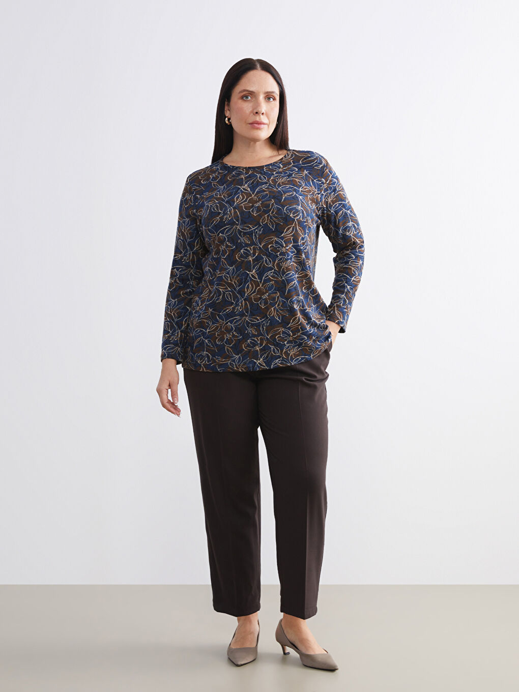 Kahverengi Büyük Beden Beli Lastikli Havuç Kesim Kadın Pantolon-1