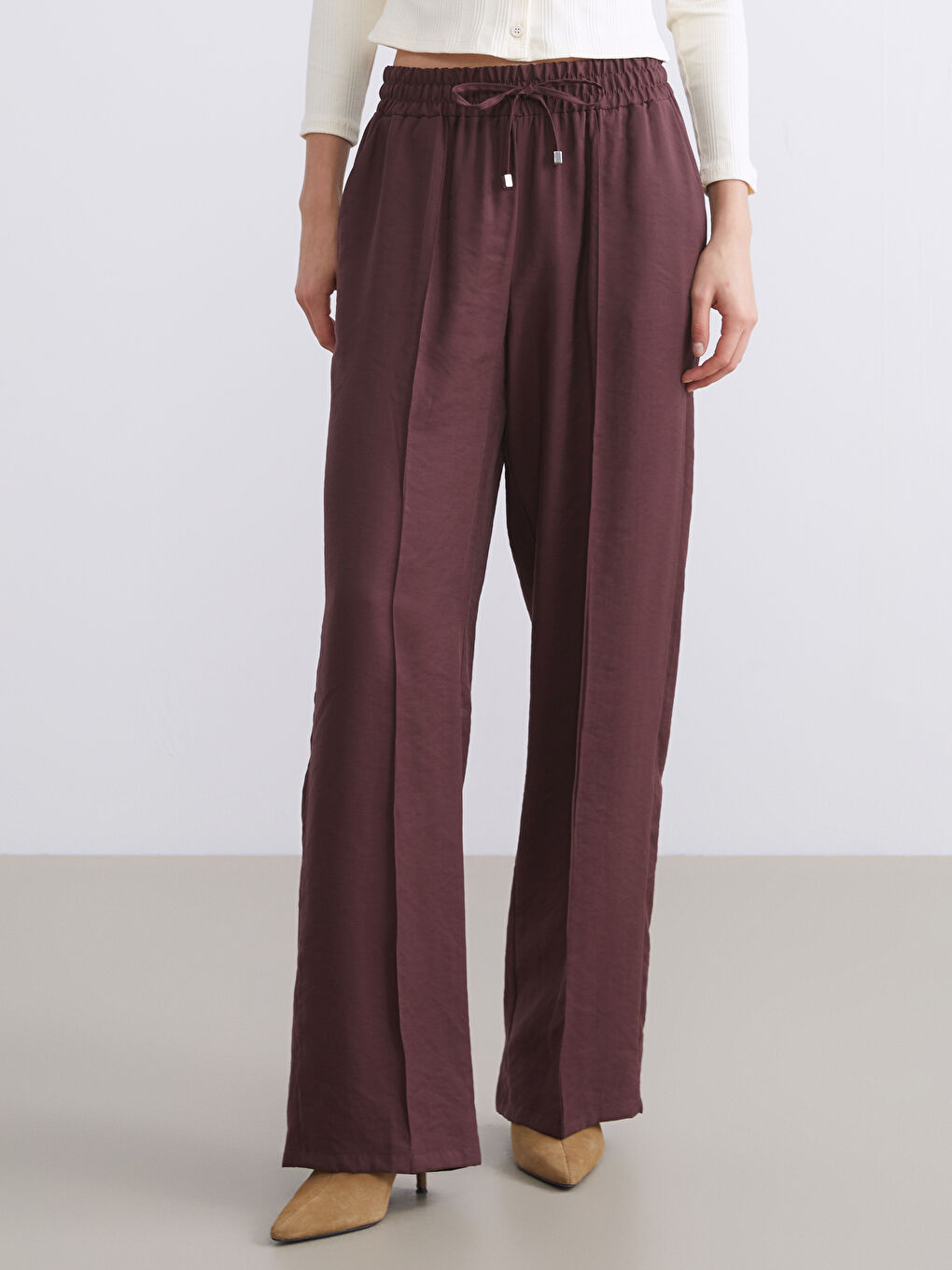 Bordo Beli Lastikli Modal Karışımlı Kadın Pantolon-1