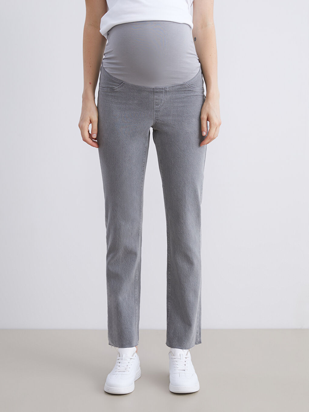 Gri Karın Panelli Straight Fit Hamile Jean Pantolon-2