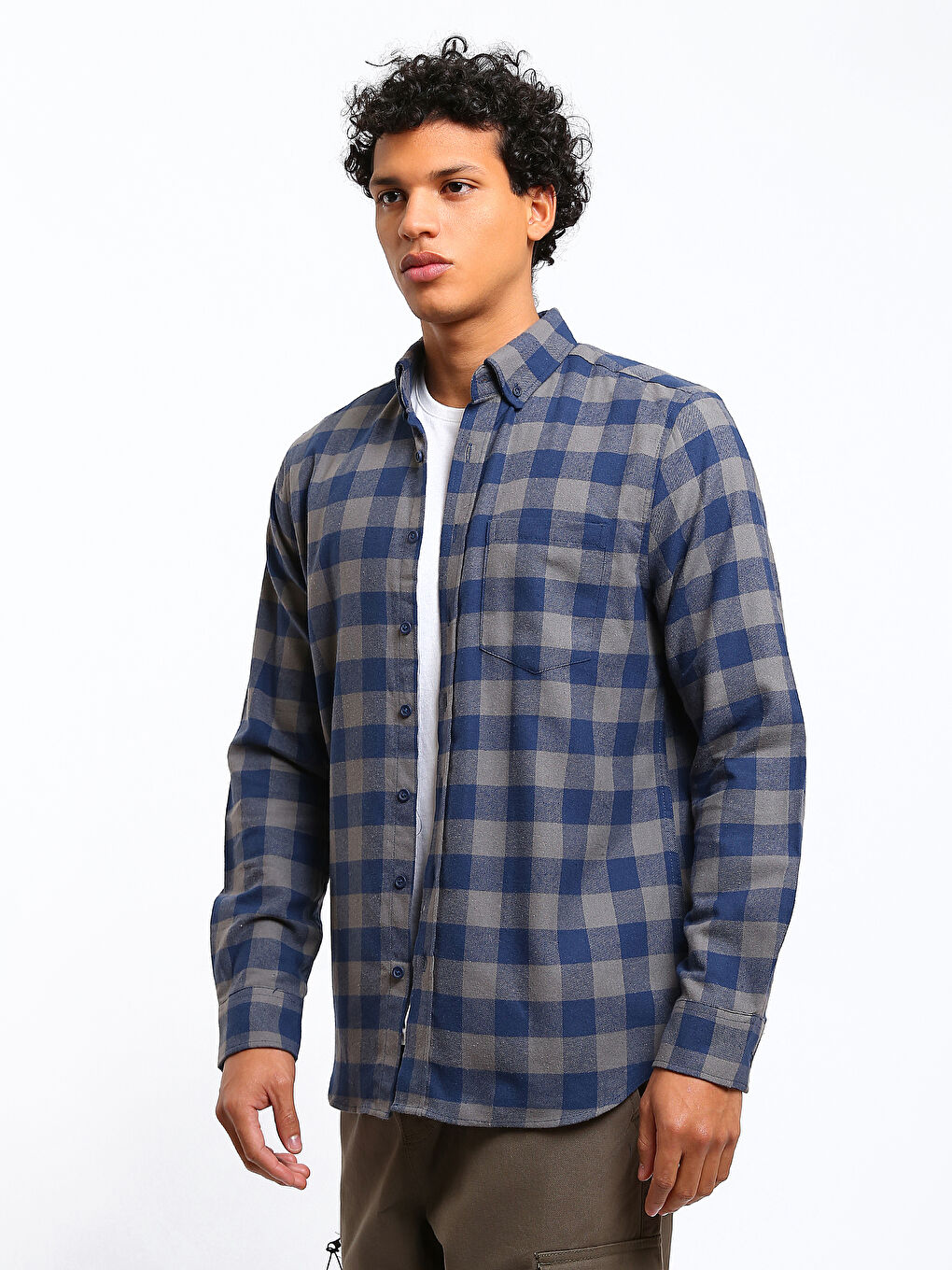 Regular Fit Long Sleeve Plaid Gabardine Men's Shirt-3