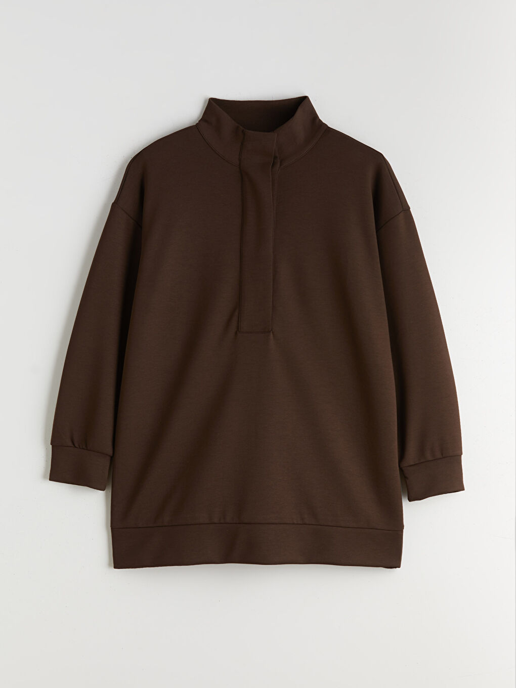 Kahverengi Dik Yaka Oversize Kadın Sweatshirt Tunik-4
