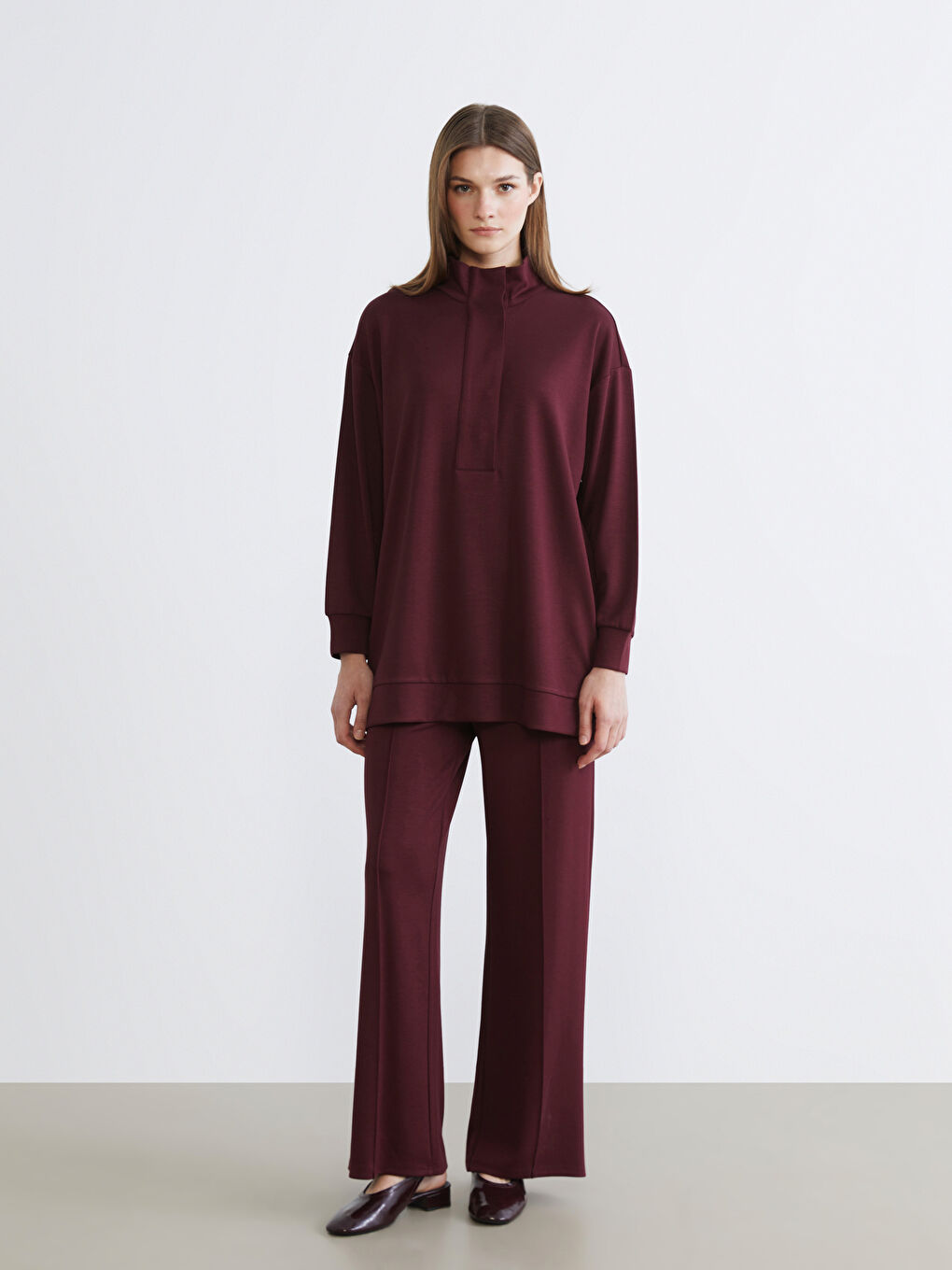 Bordo Dik Yaka Oversize Kadın Sweatshirt Tunik-1