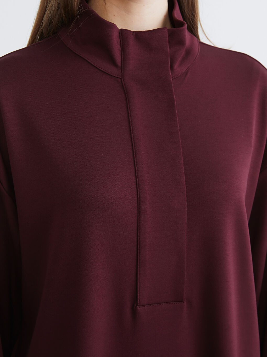 Bordo Dik Yaka Oversize Kadın Sweatshirt Tunik-2