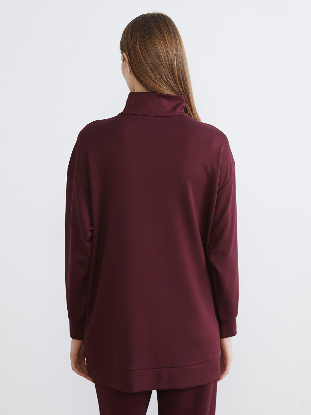 Bordo Dik Yaka Oversize Kadın Sweatshirt Tunik-3