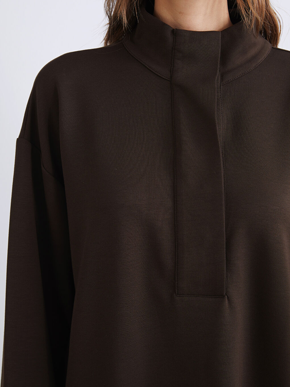 Kahverengi Dik Yaka Oversize Kadın Sweatshirt Tunik-2