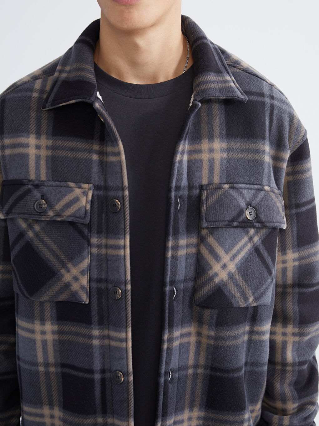 Siyah  Rahat Kalıp Ekose Erkek Pelüş Gömlek Ceket-2