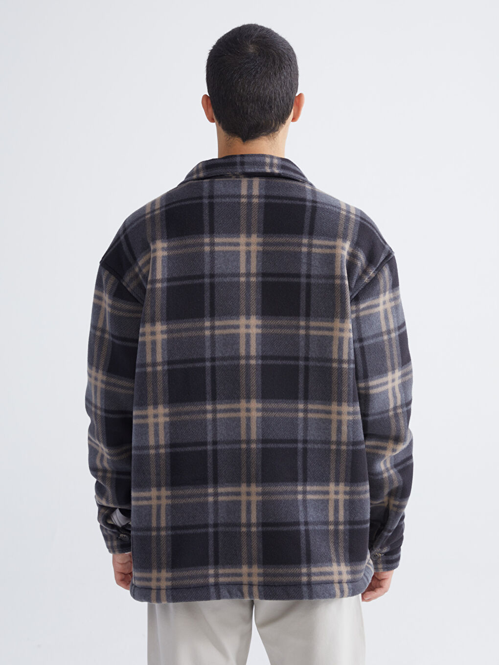 Siyah  Rahat Kalıp Ekose Erkek Pelüş Gömlek Ceket-4