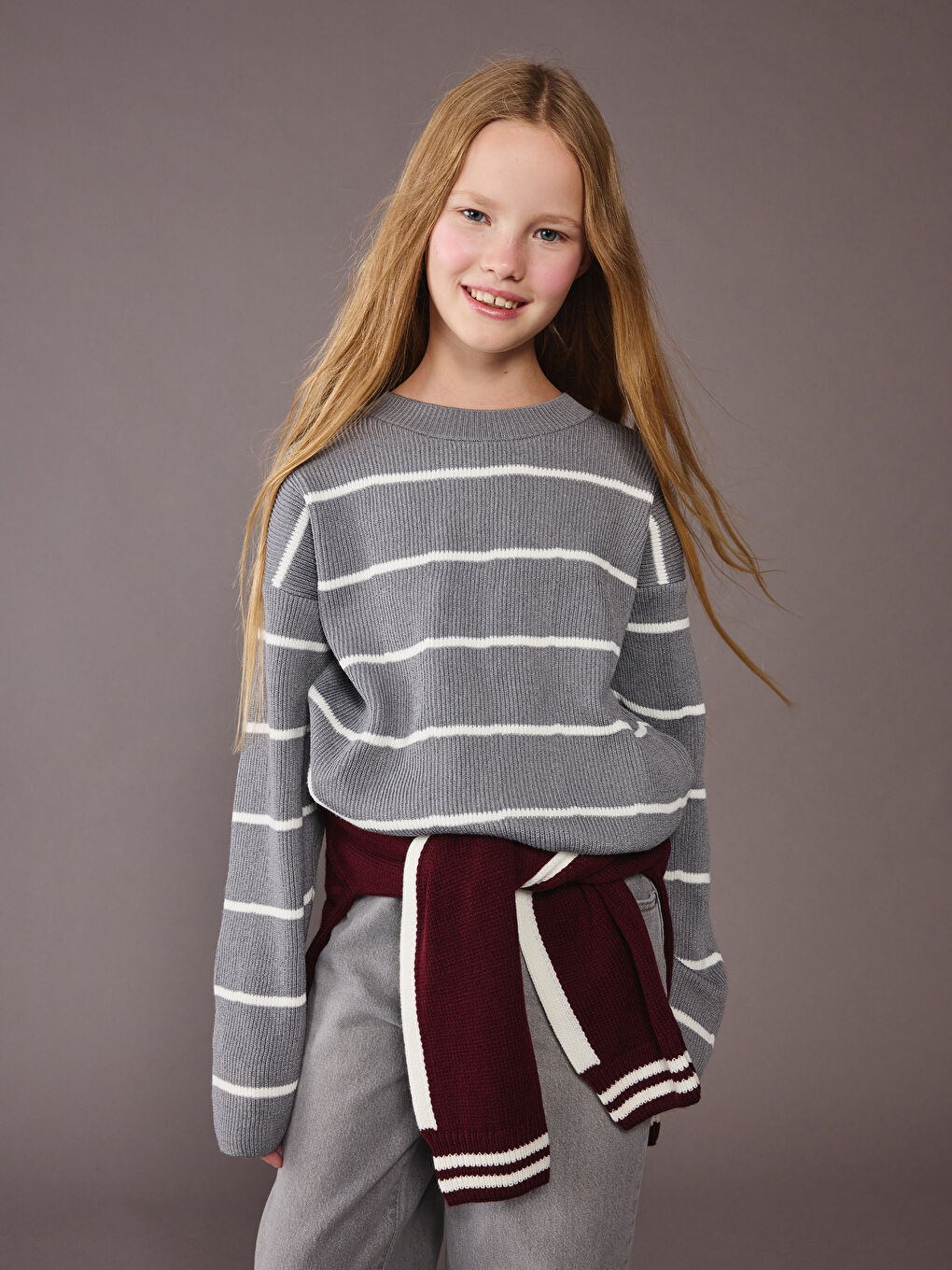 Gri Bisiklet Yaka Çizgili Kız Çocuk Triko Kazak