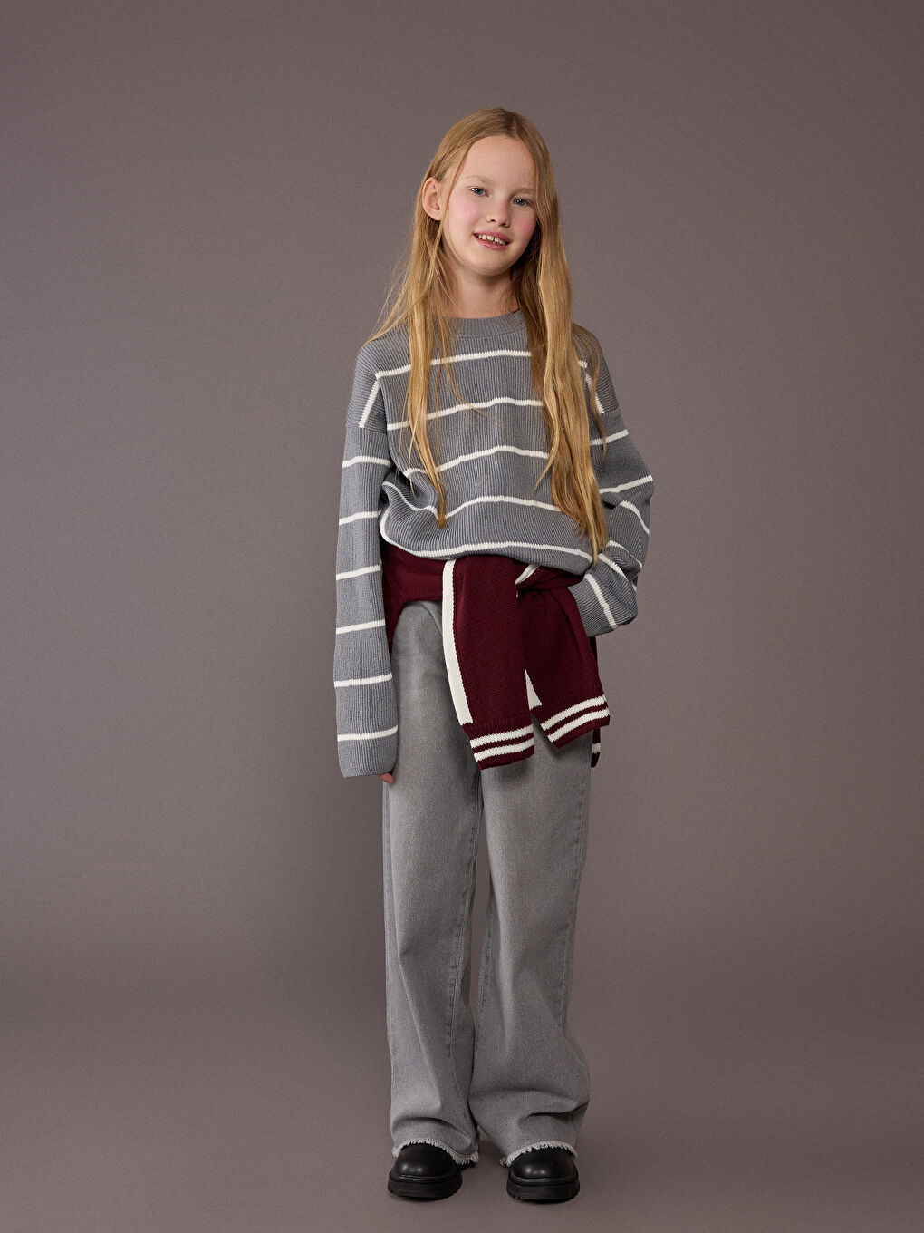 Gri Bisiklet Yaka Çizgili Kız Çocuk Triko Kazak-1