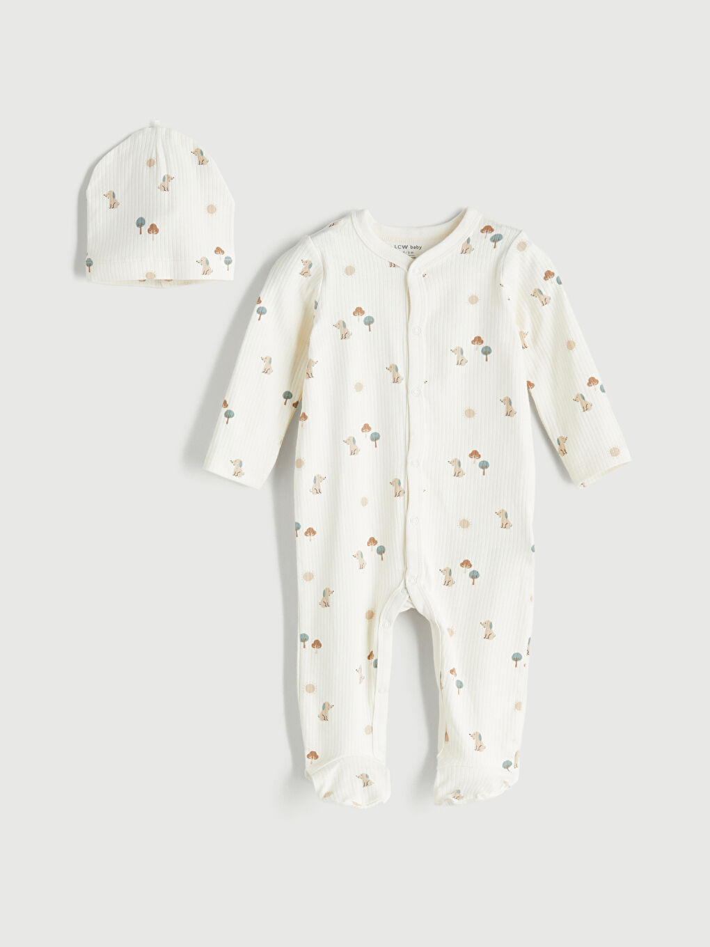 Ekru V Yaka Baskılı Erkek Bebek Hastane Çıkış Seti