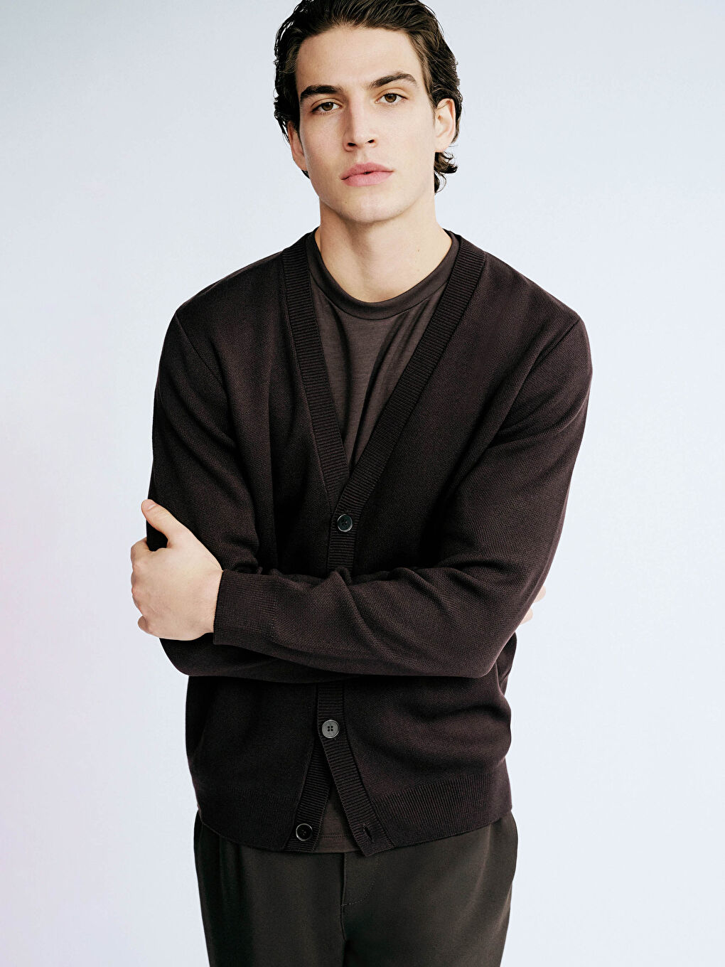 Kahverengi Standart Kalıp V Yaka Erkek Triko Hırka