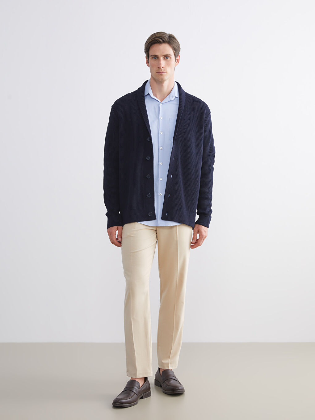 Lacivert Standart Kalıp Şal Yaka Erkek Triko Hırka-1