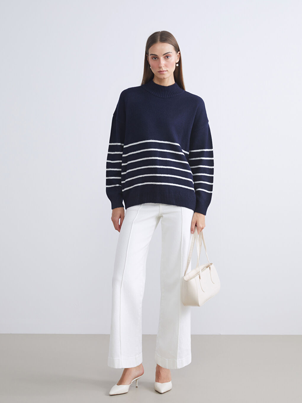 Half Turtleneck Striped Oversize Women's Knitwear Sweater-1