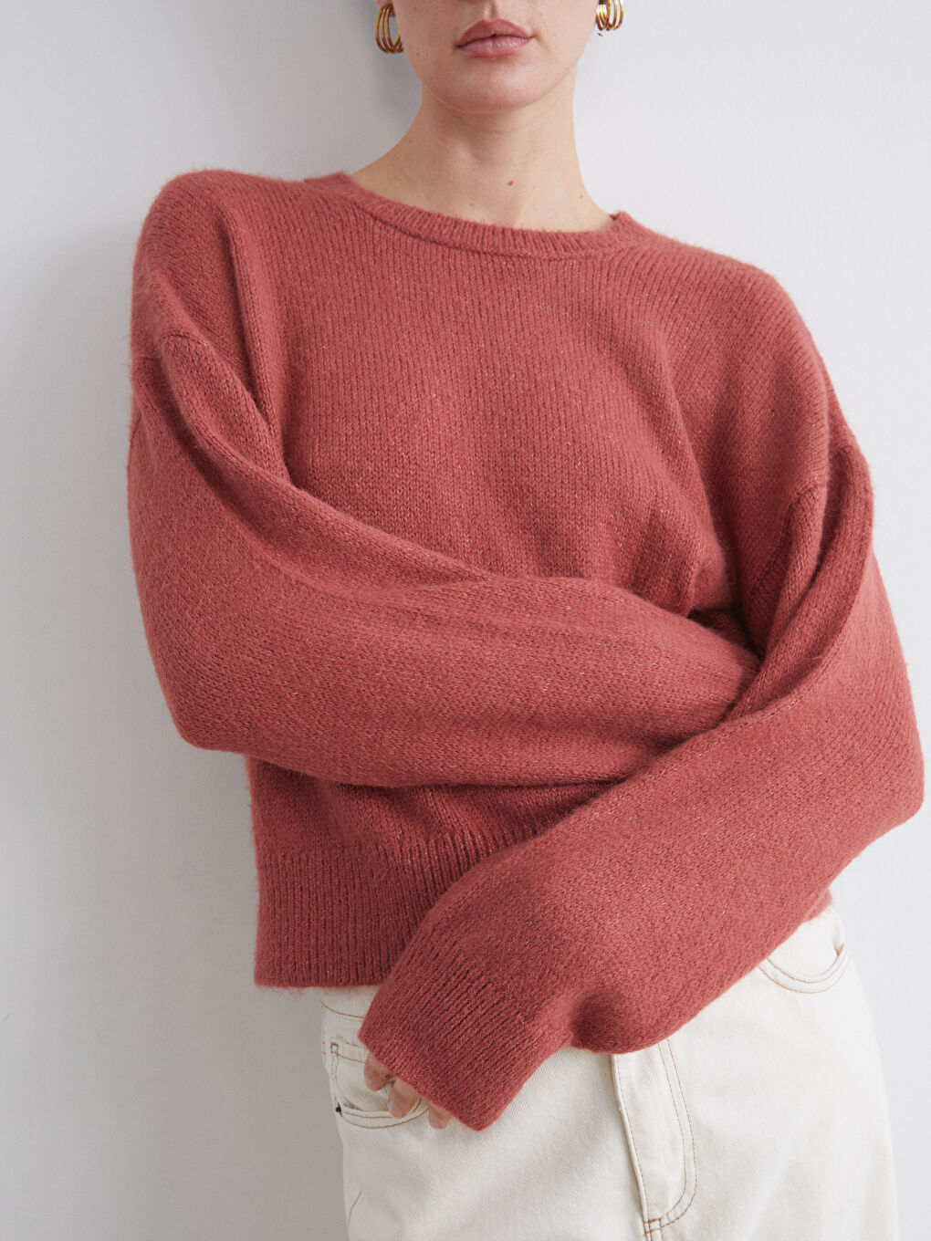 Kahverengi Bisiklet Yaka Oversize Kadın Triko Kazak-2