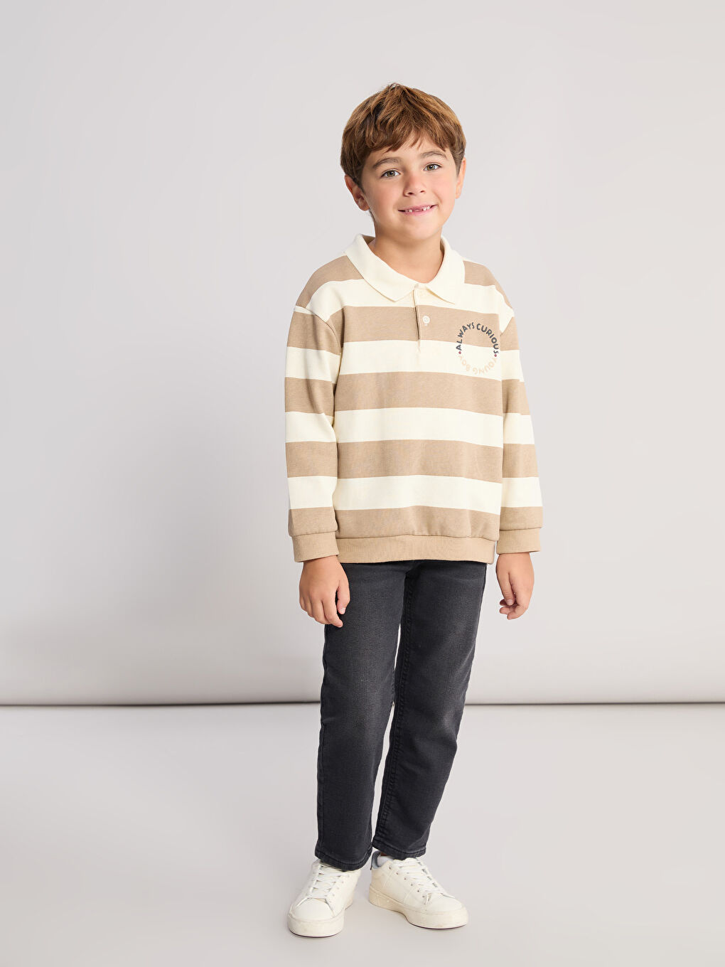 Bej Polo Yaka Erkek Çocuk Sweatshirt-1