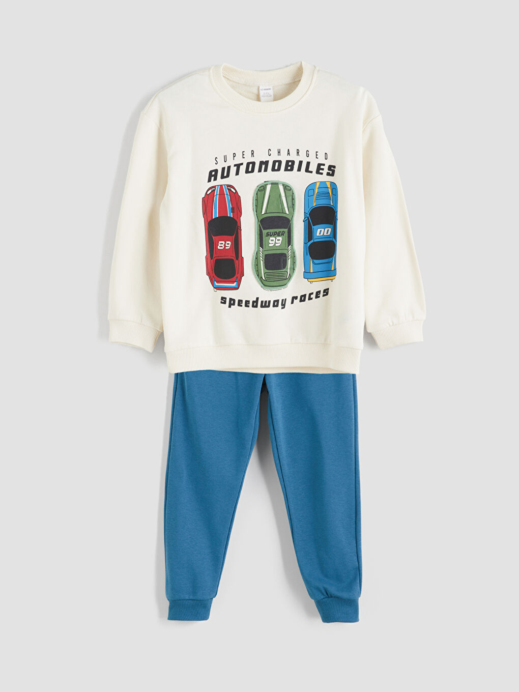 Bej Bisiklet Yaka Baskılı Erkek Çocuk Sweatshirt ve Eşofman Alt 2'li