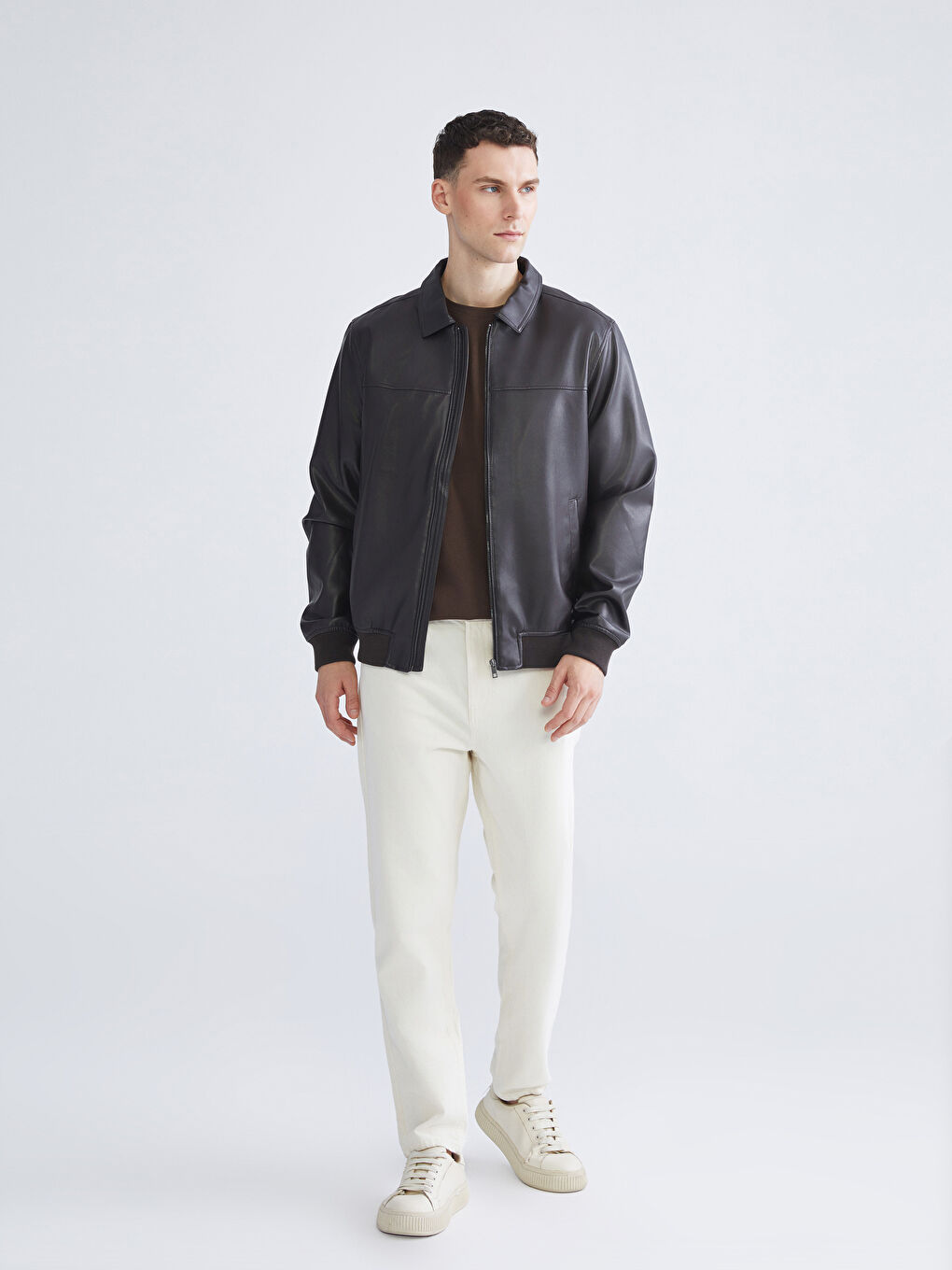 Kahverengi Standart Kalıp Erkek Deri Görünümlü Mont-1