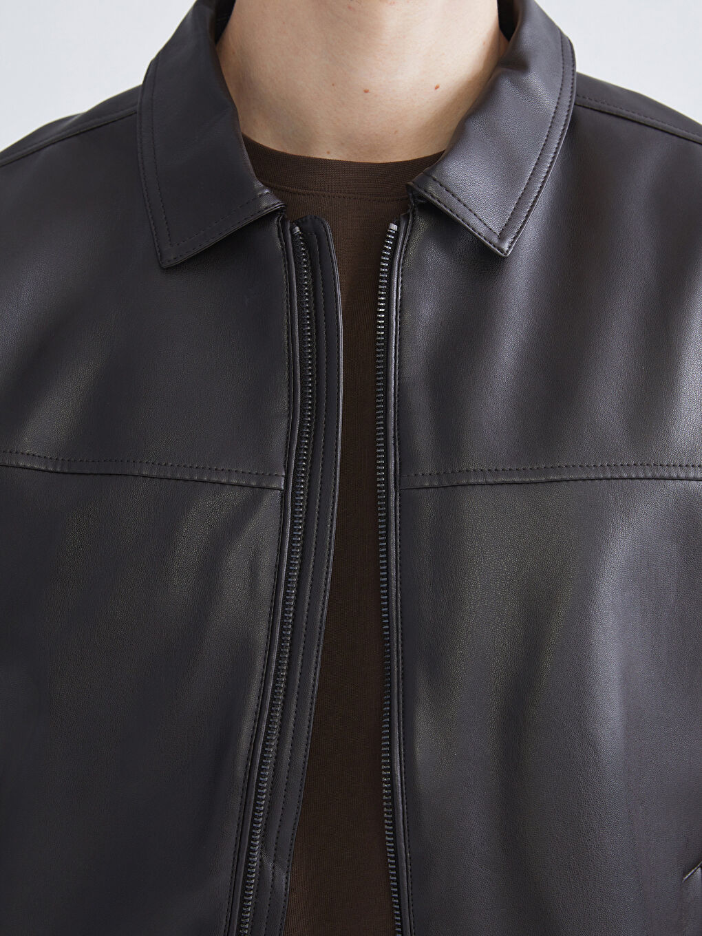 Kahverengi Standart Kalıp Erkek Deri Görünümlü Mont-2