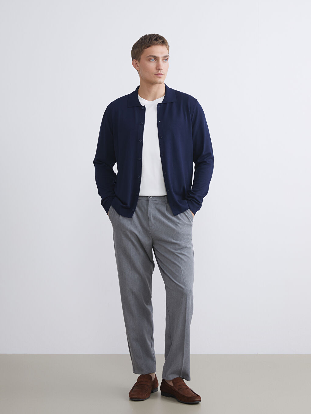 Lacivert Standart Kalıp Polo Yaka Erkek Triko Hırka-1