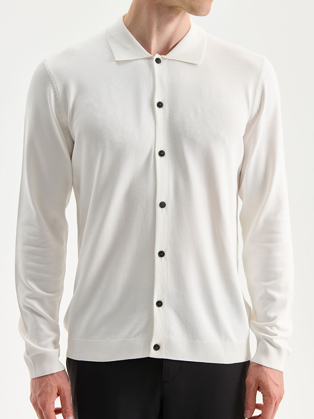 Ekru Standart Kalıp Polo Yaka Erkek Triko Hırka-2