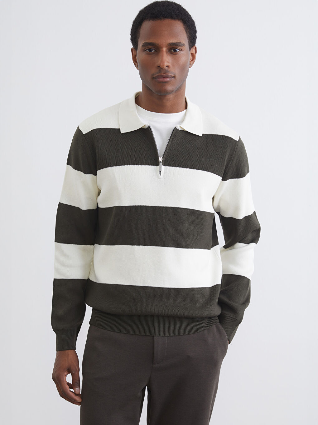 Haki Polo Yaka Çizgili Erkek Triko Kazak