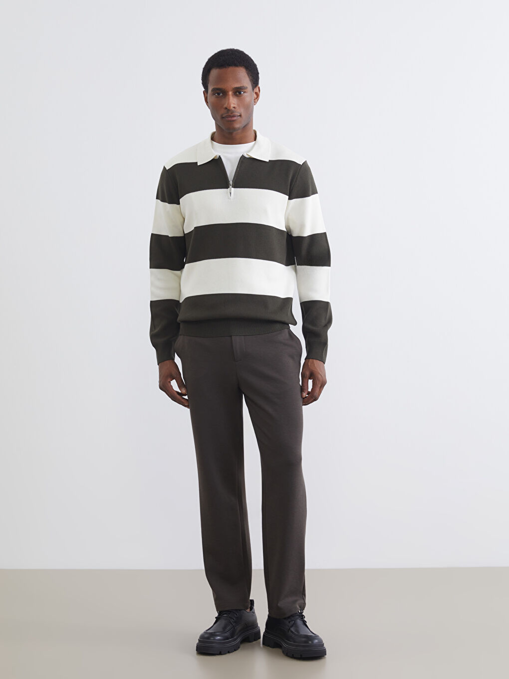 Haki Polo Yaka Çizgili Erkek Triko Kazak-1