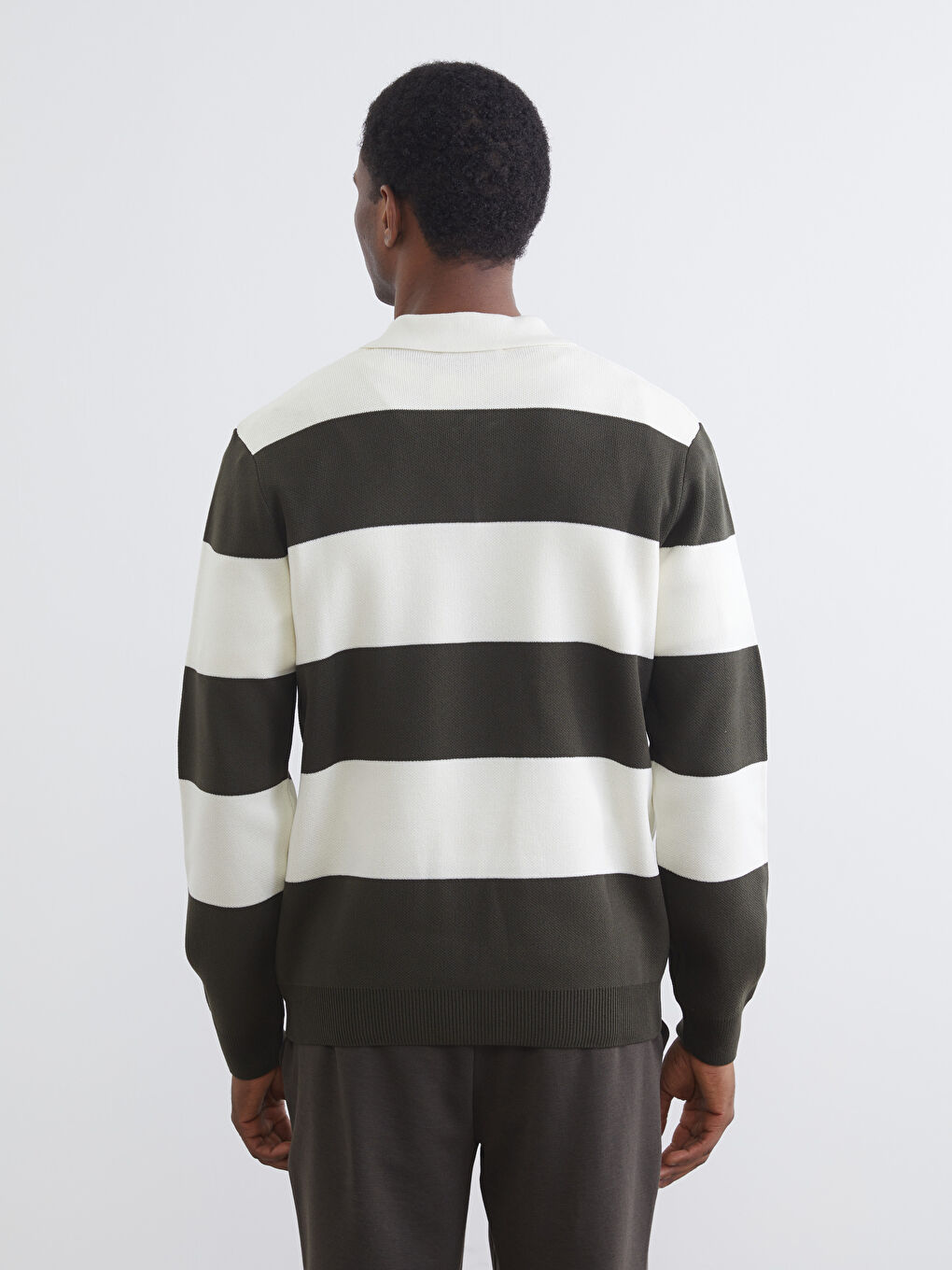 Haki Polo Yaka Çizgili Erkek Triko Kazak-3