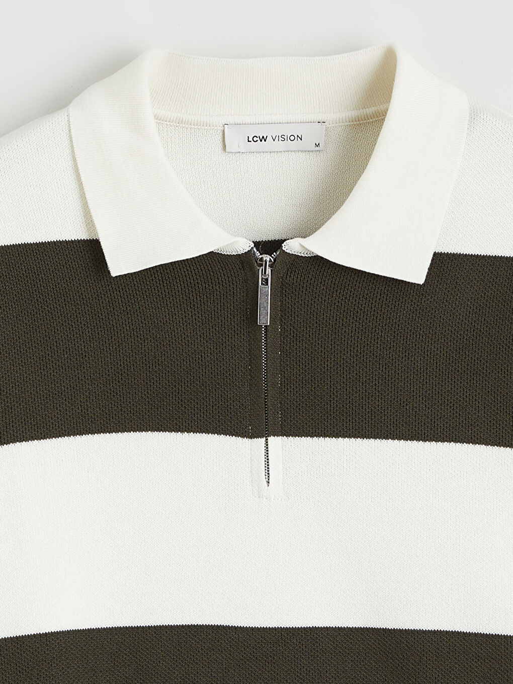 Haki Polo Yaka Çizgili Erkek Triko Kazak-5