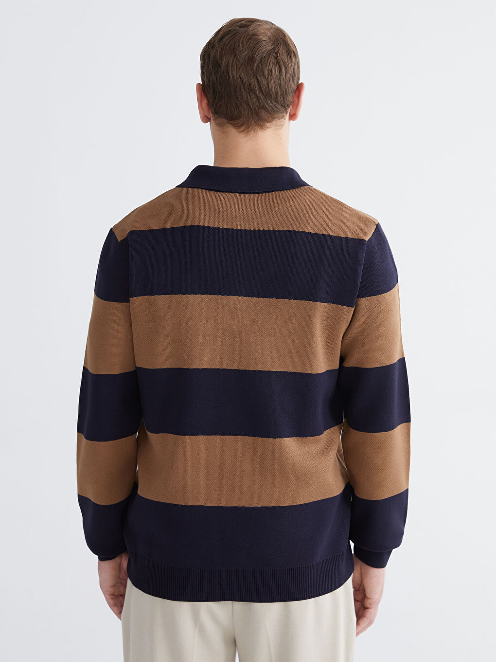 Kahverengi Polo Yaka Çizgili Erkek Triko Kazak-3