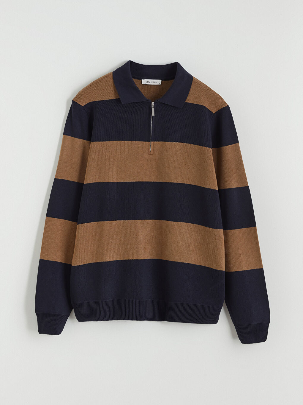 Kahverengi Polo Yaka Çizgili Erkek Triko Kazak-4