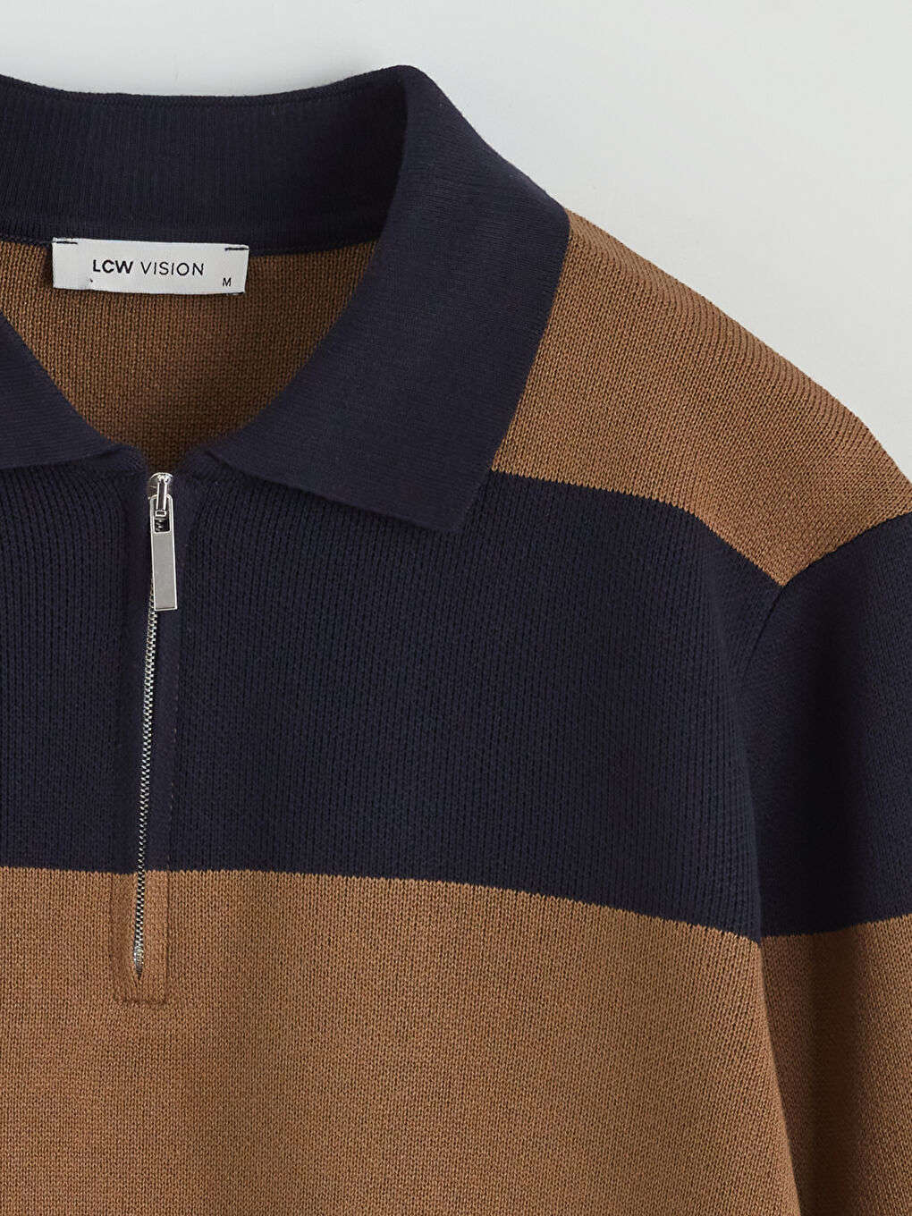 Kahverengi Polo Yaka Çizgili Erkek Triko Kazak-5